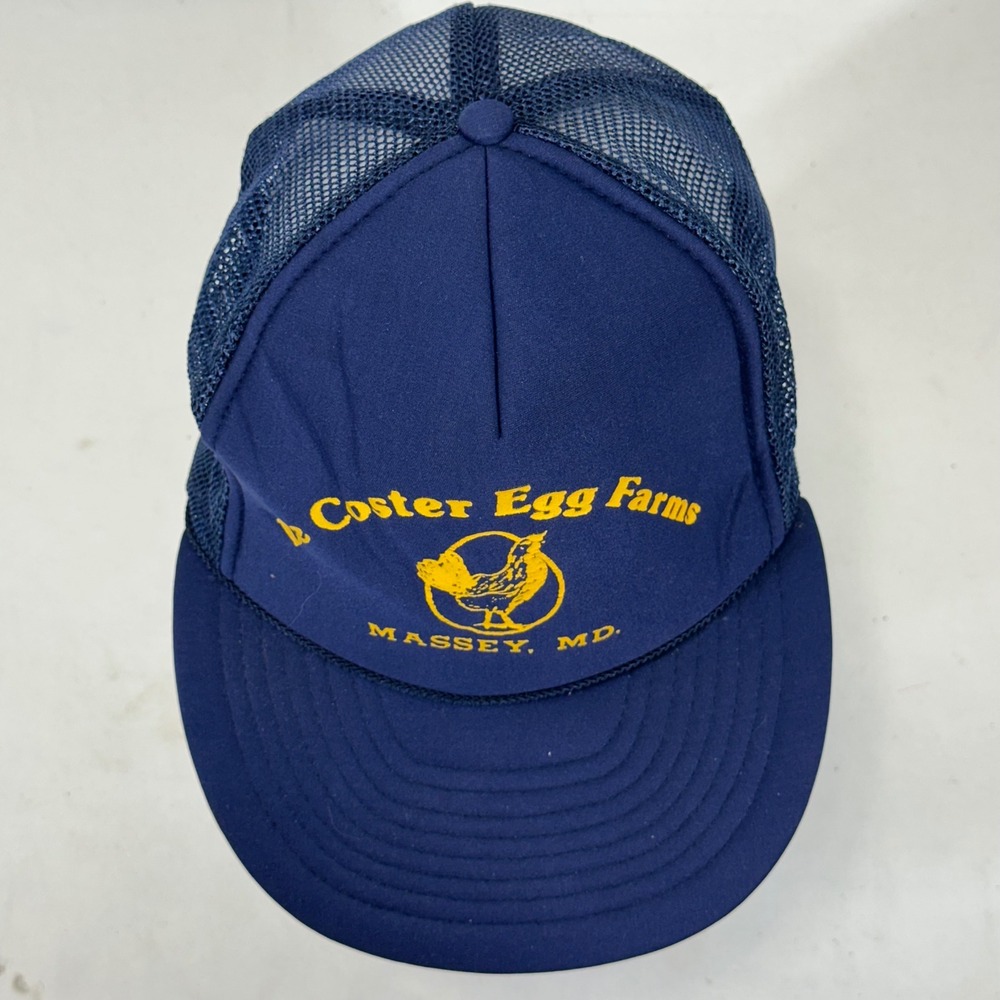 Vintage De Coster Egg Farms Massey MD Trucker Hat Navy Blue Snapback Mesh Nissin - Picture 2 of 8